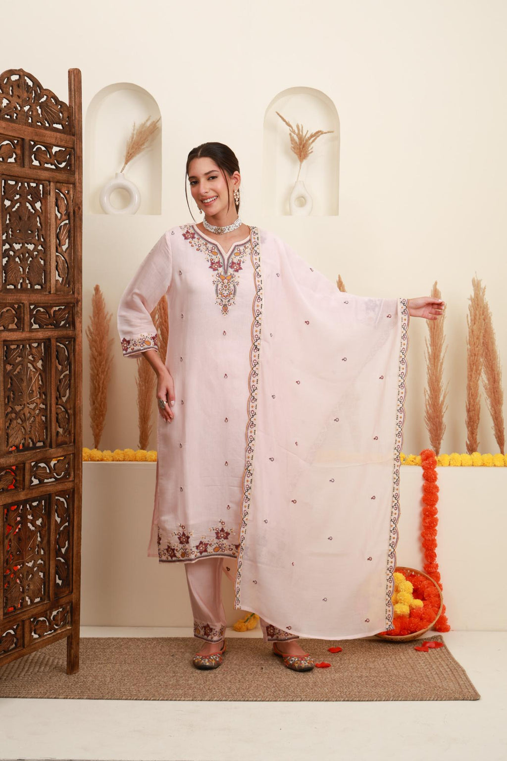 Blush Pink Embroidered Kurta Set with Dupatta