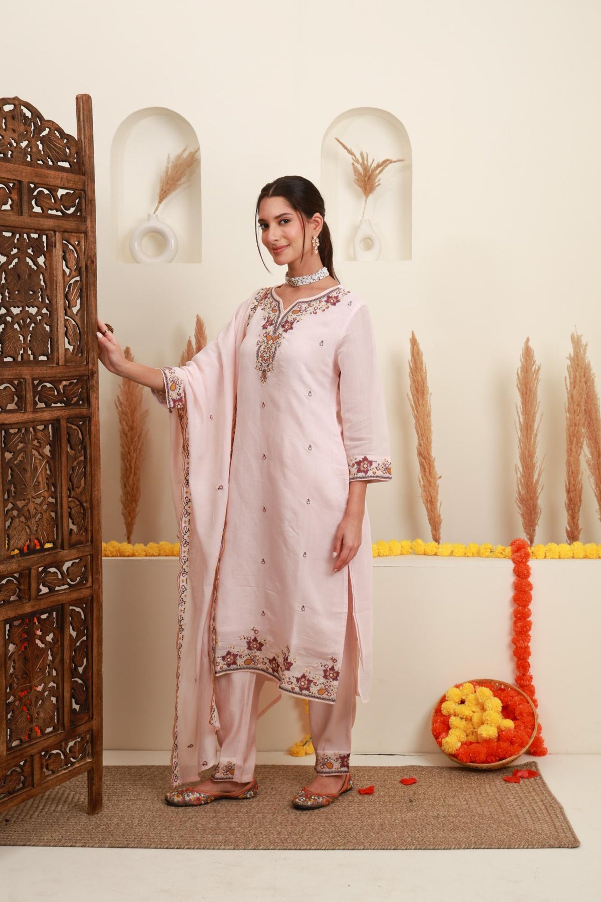 Blush Pink Embroidered Kurta Set with Dupatta