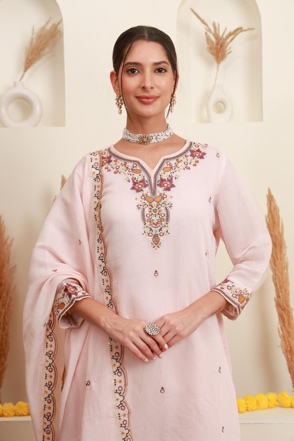 Blush Pink Embroidered Kurta Set with Dupatta