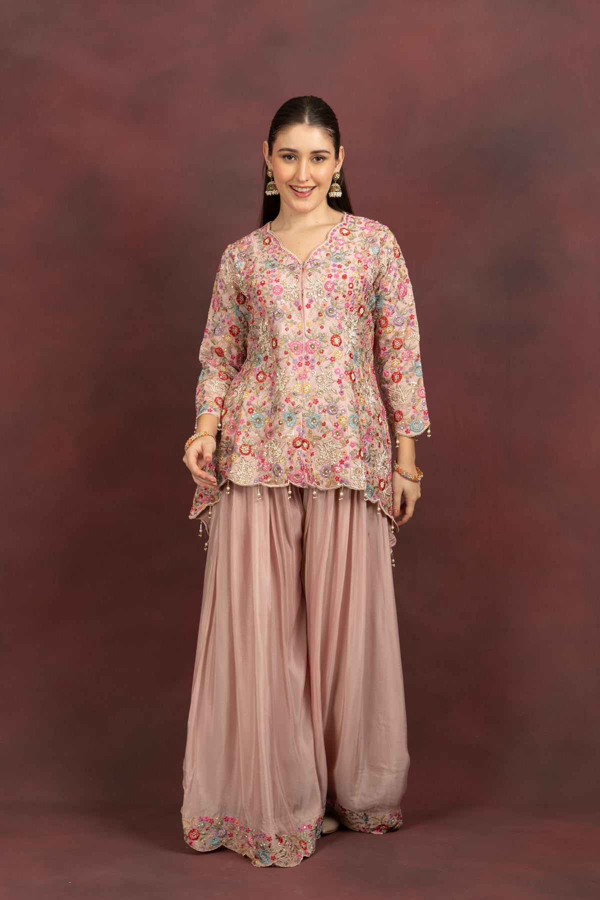 Blush Pink Floral Embroidered Sharara Zoom Look