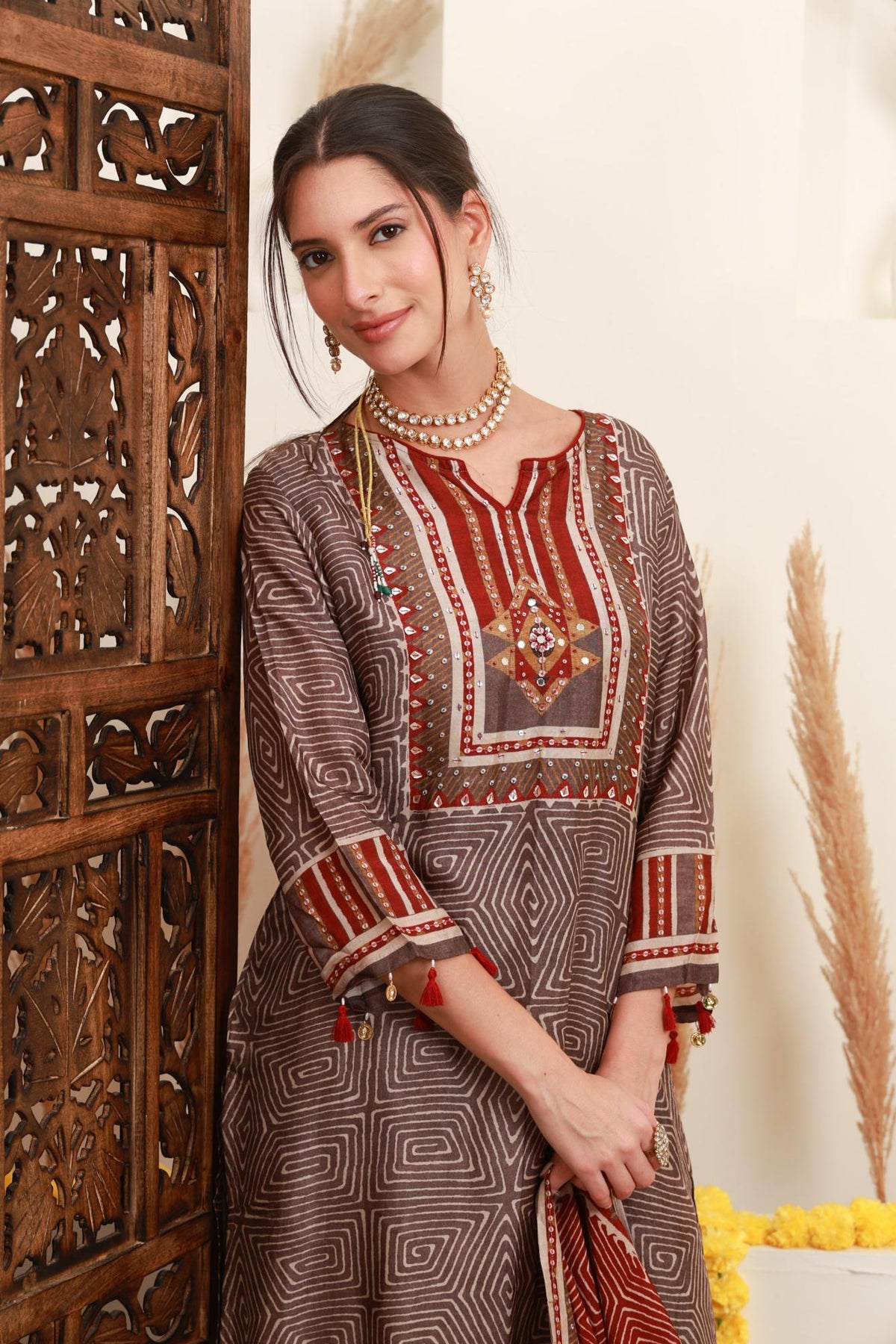 Brown Geometric Printed Embroidered Kurta Set with Wide-Leg Trousers