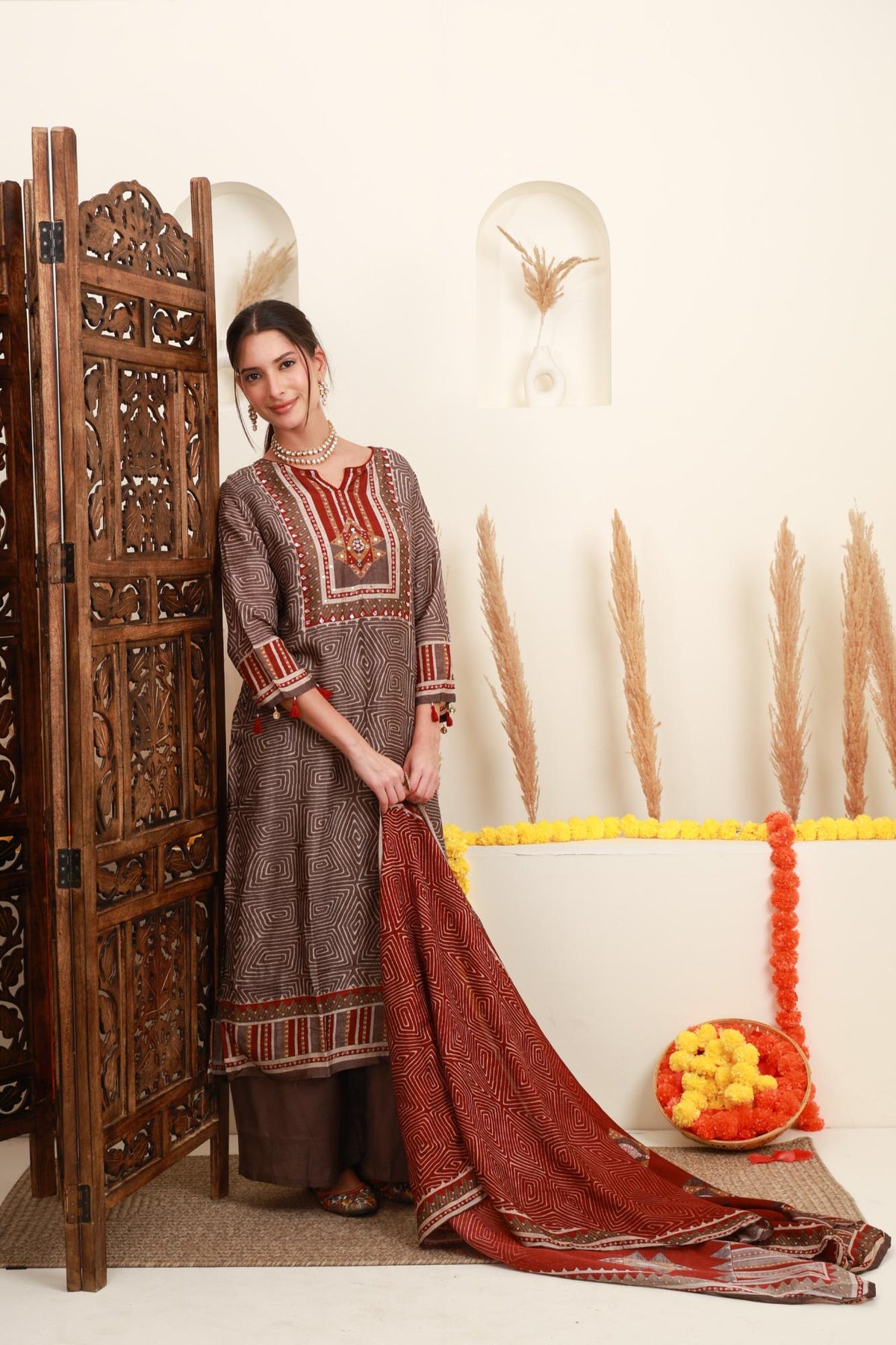 Brown Geometric Printed Embroidered Kurta Set with Wide-Leg Trousers