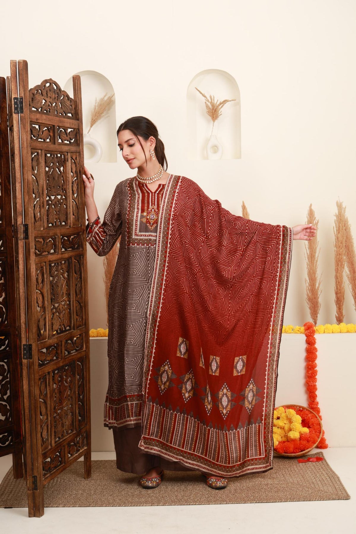 Brown Geometric Printed Embroidered Kurta Set with Wide-Leg Trousers