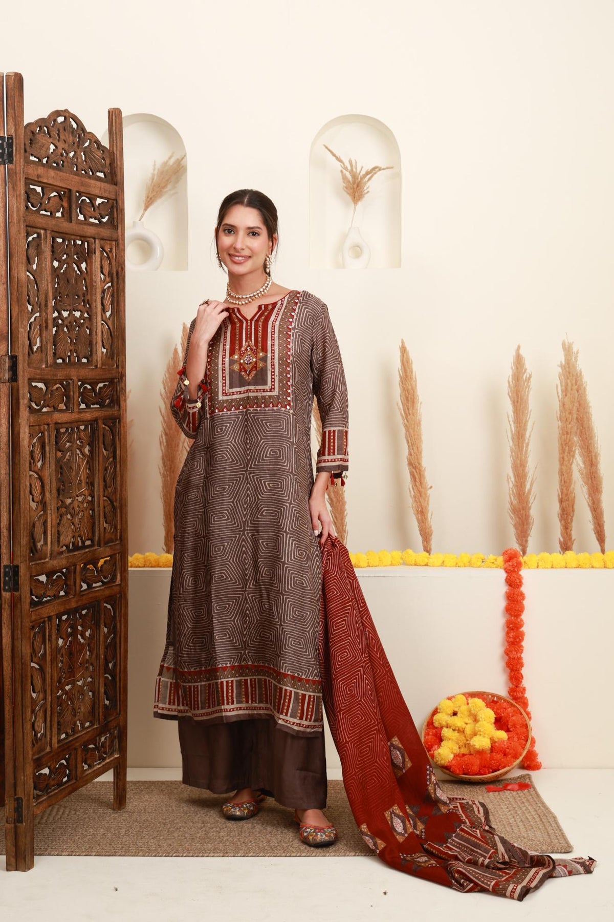 Brown Geometric Printed Embroidered Kurta Set with Wide-Leg Trousers