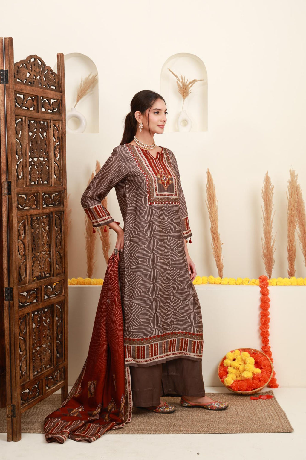 Brown Geometric Printed Embroidered Kurta Set with Wide-Leg Trousers