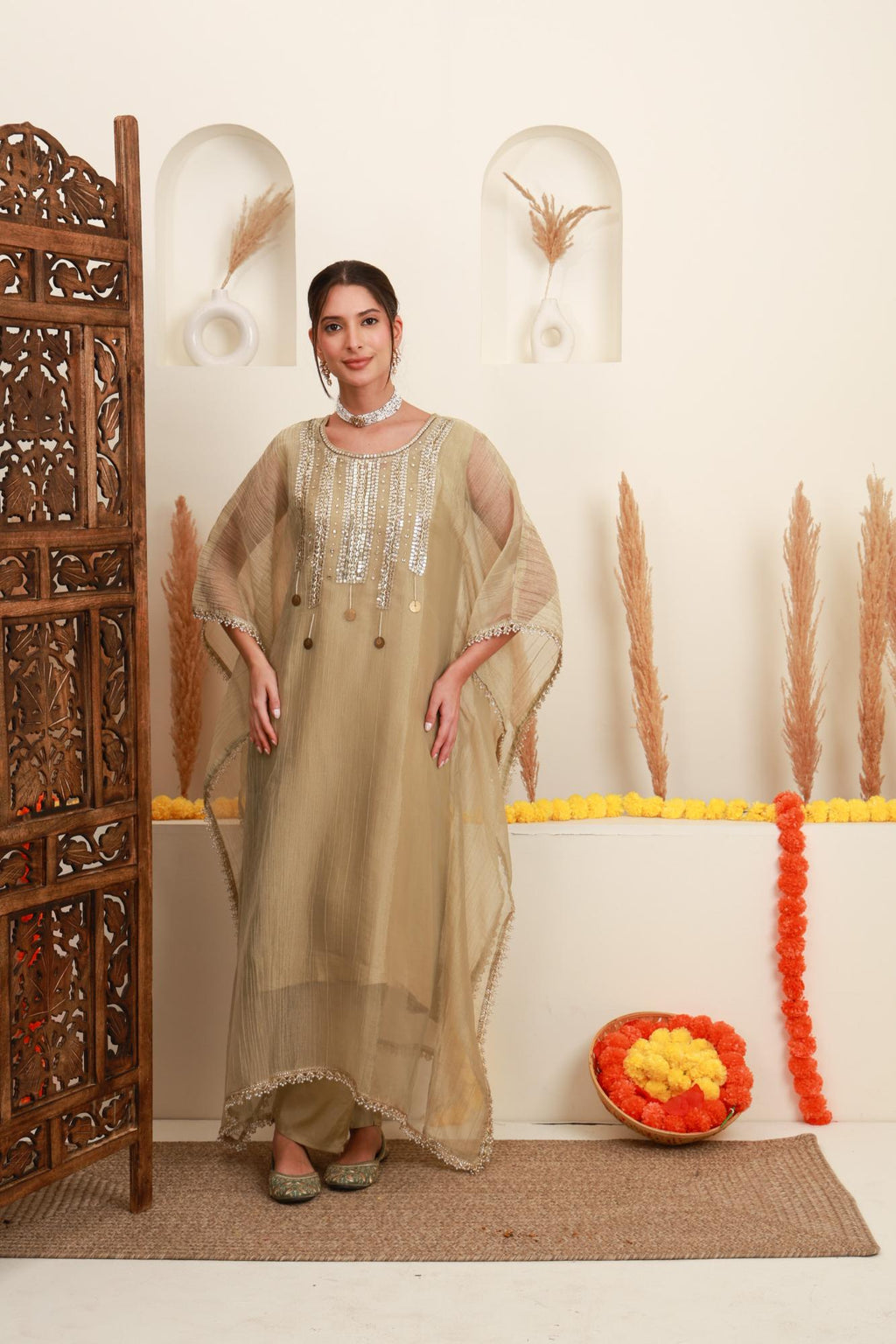 Champagne beige embroidered kaftan set for women with silver embellishment