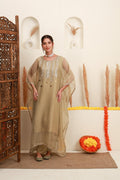 Champagne beige embroidered kaftan set for women with silver embellishment
