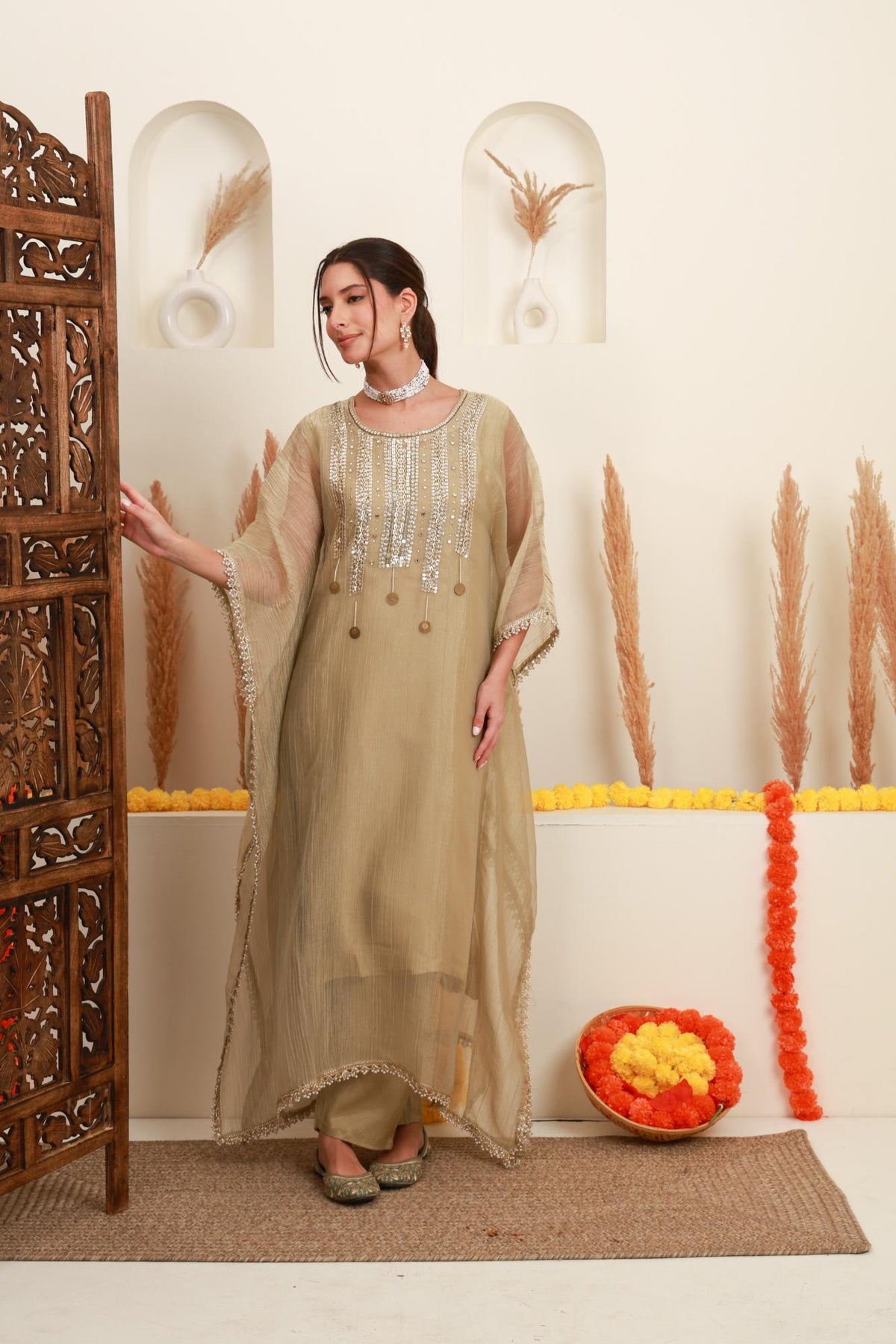 Champagne Beige Embroidered Kaftan-Style Ensemble