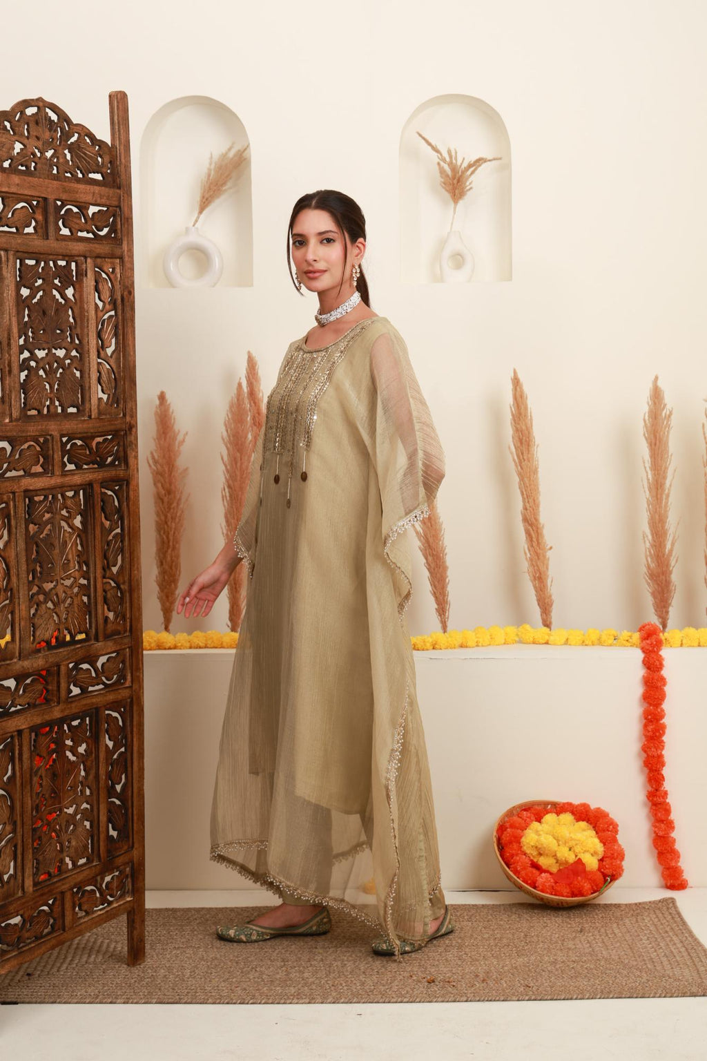 Champagne Beige Embroidered Kaftan-Style Ensemble