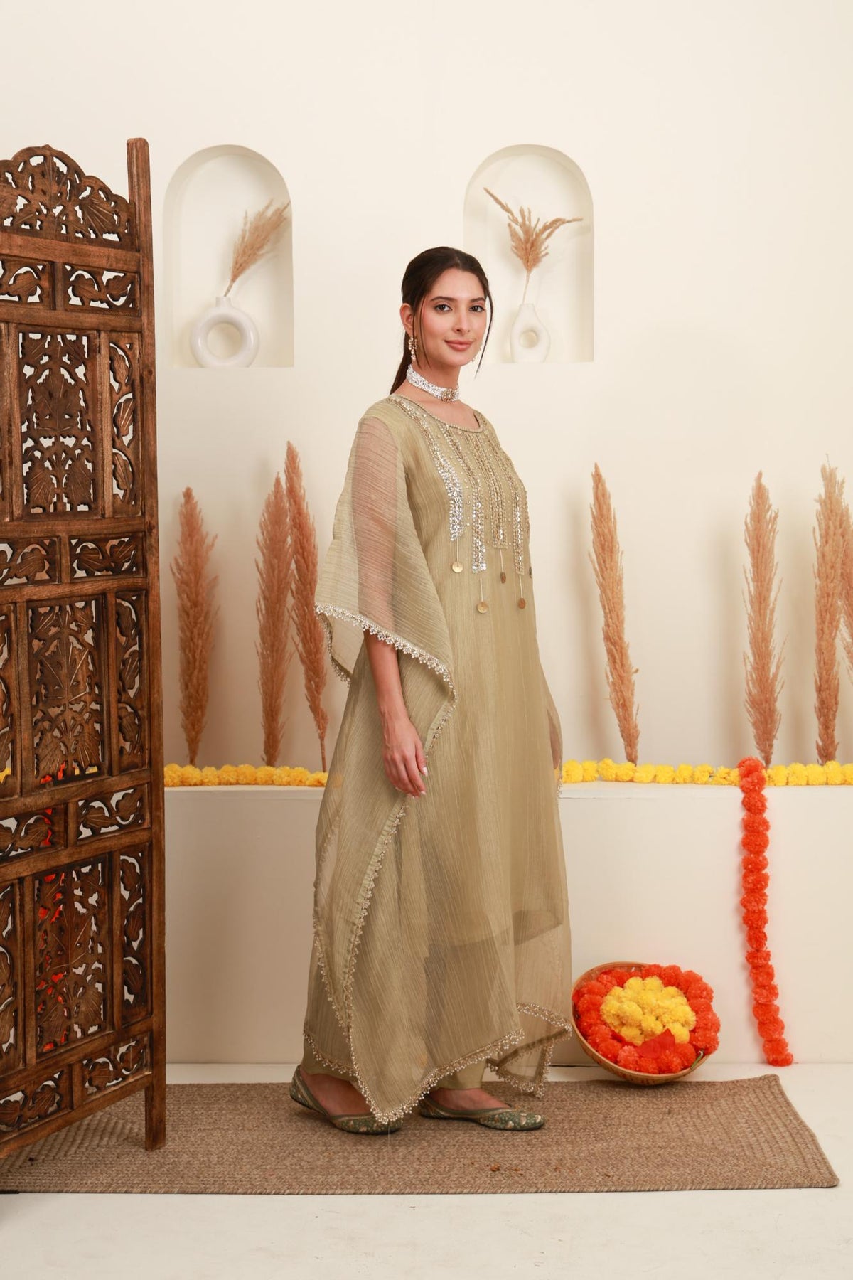 Champagne Beige Embroidered Kaftan-Style Ensemble