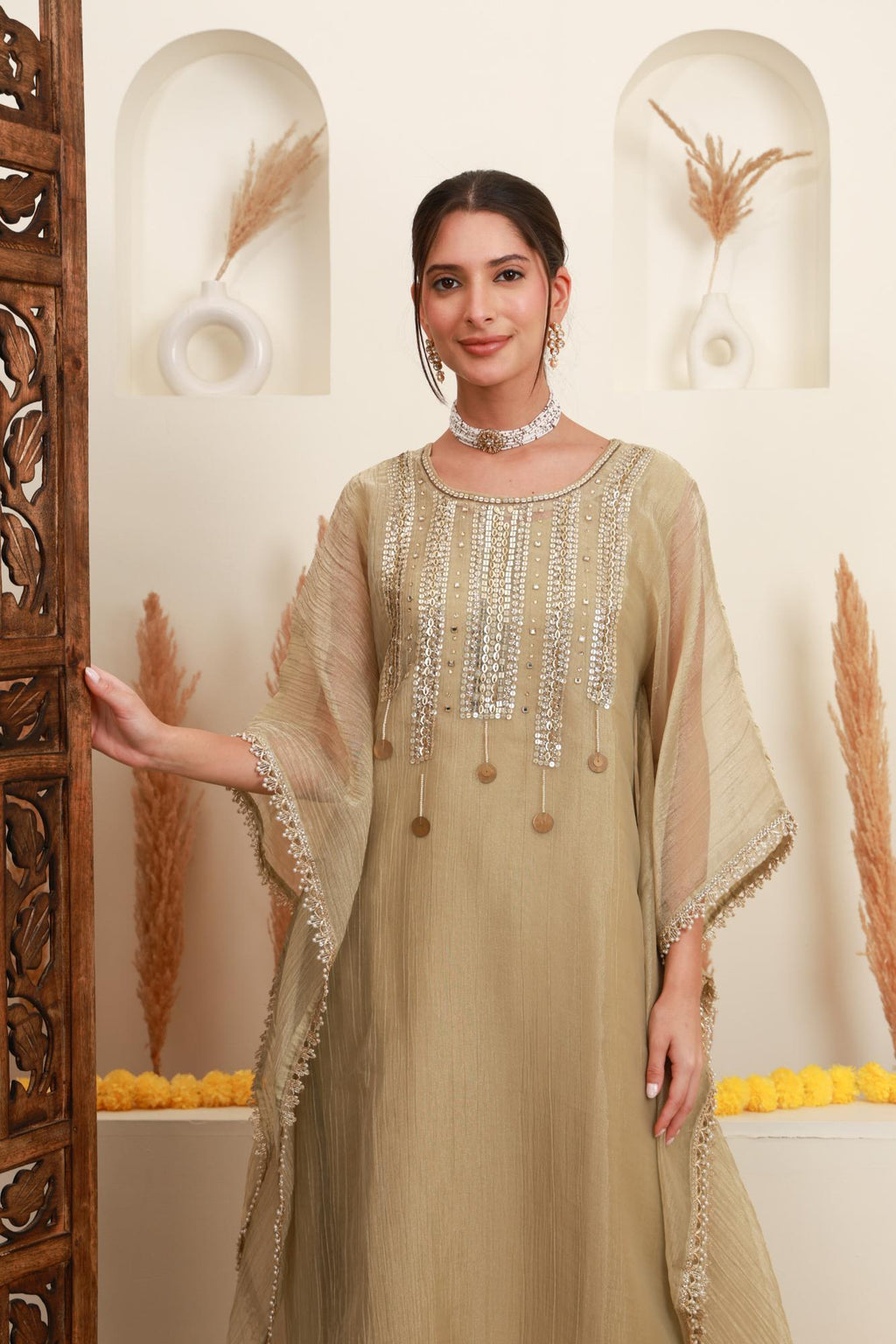 Champagne Beige Embroidered Kaftan-Style Ensemble