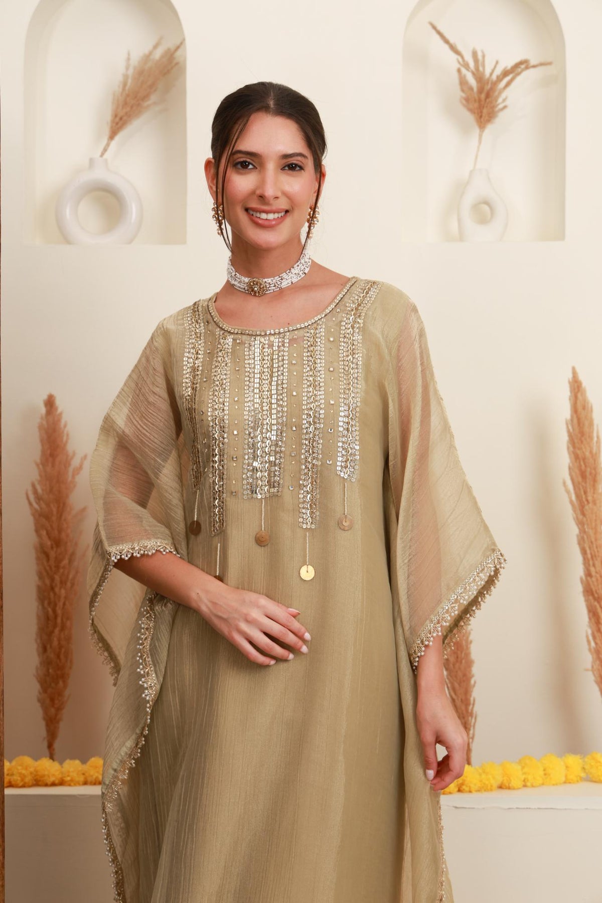 Champagne Beige Embroidered Kaftan-Style Ensemble