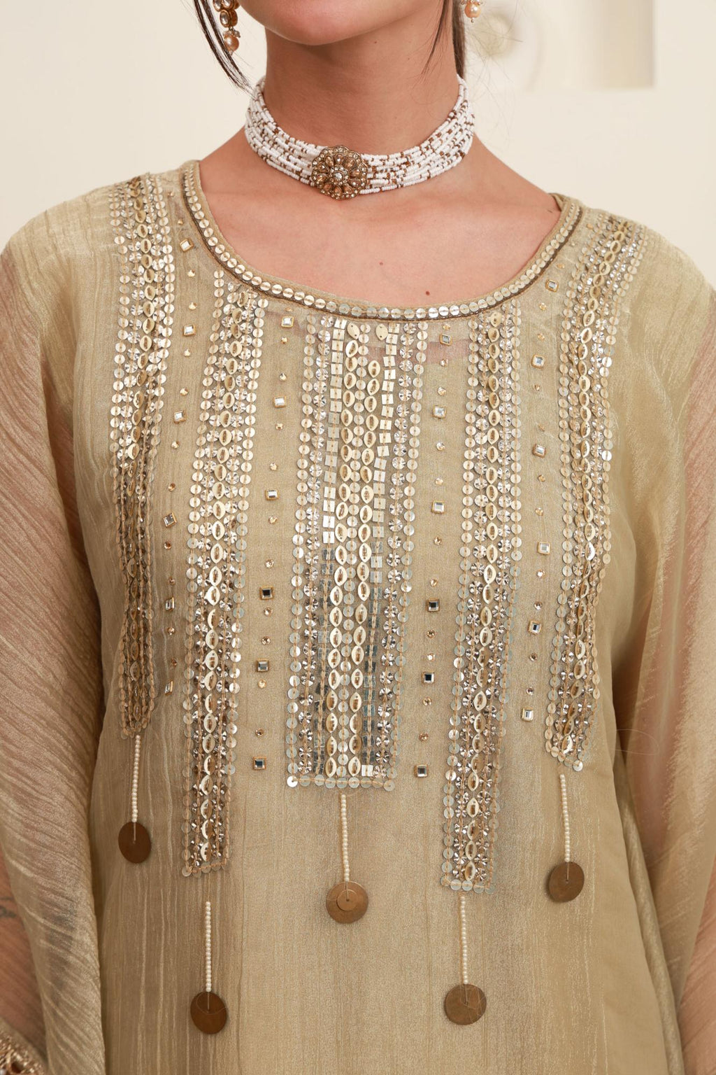 Champagne Beige Embroidered Kaftan-Style Ensemble