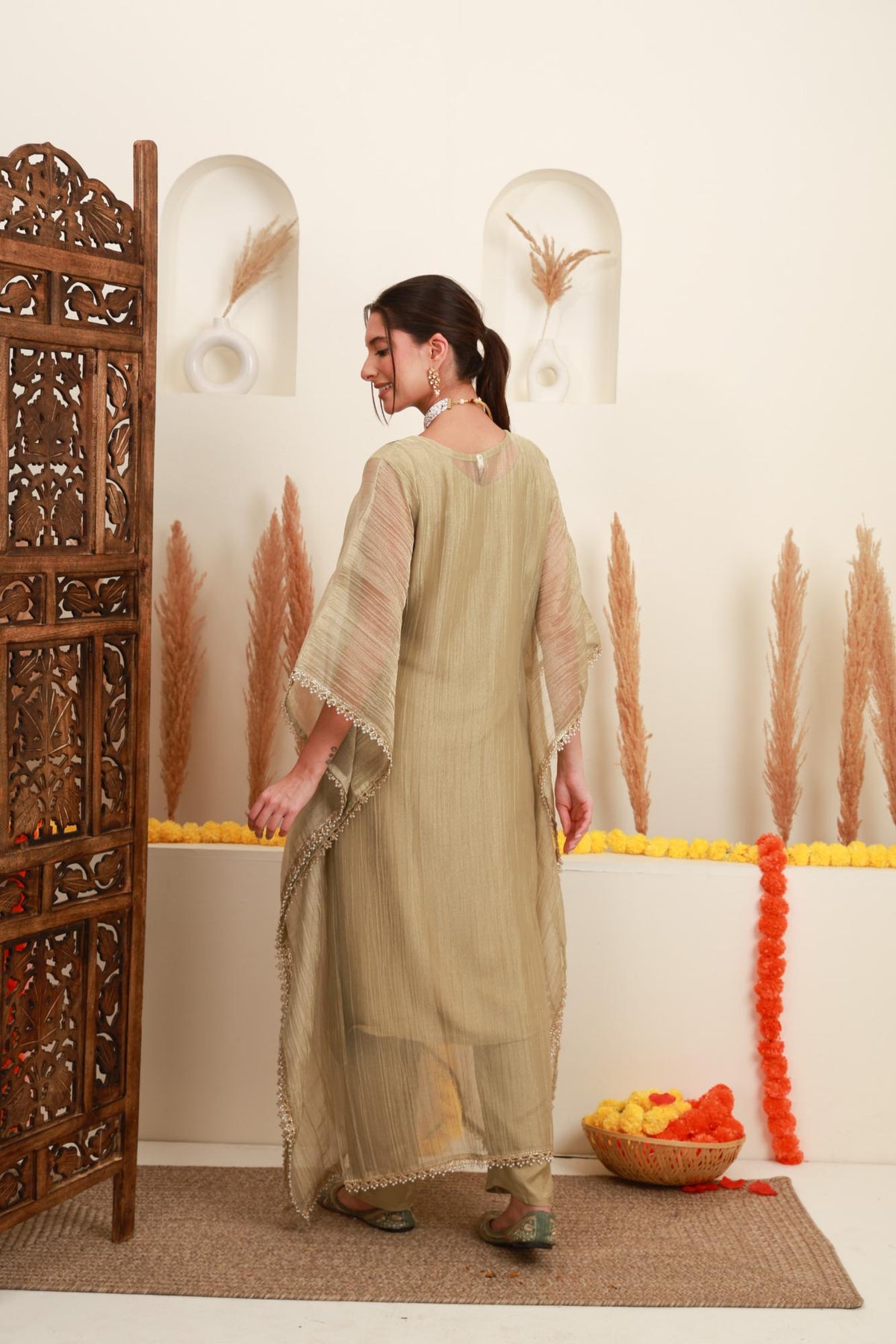 Champagne Beige Embroidered Kaftan-Style Ensemble