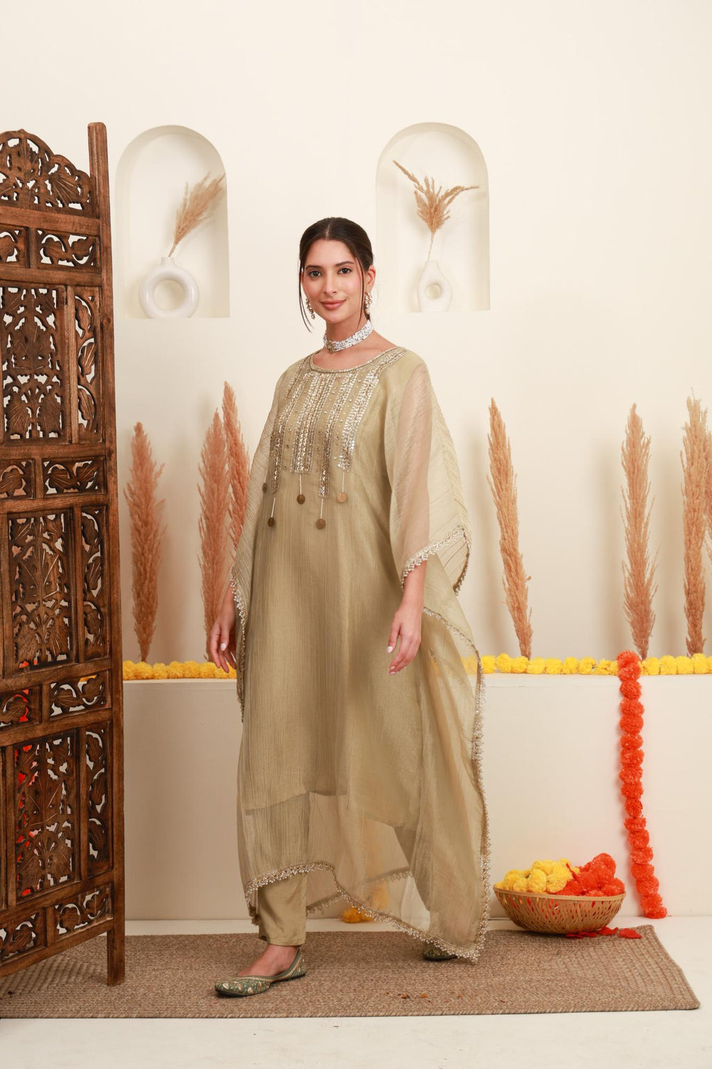 Champagne Beige Embroidered Kaftan-Style Ensemble