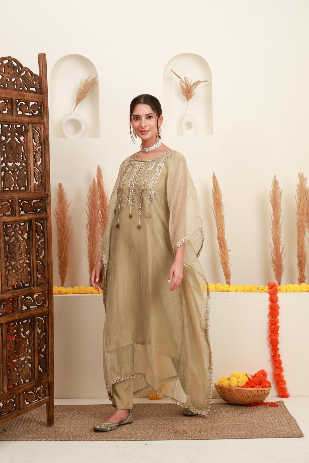 Champagne Beige Embroidered Kaftan-Style Ensemble