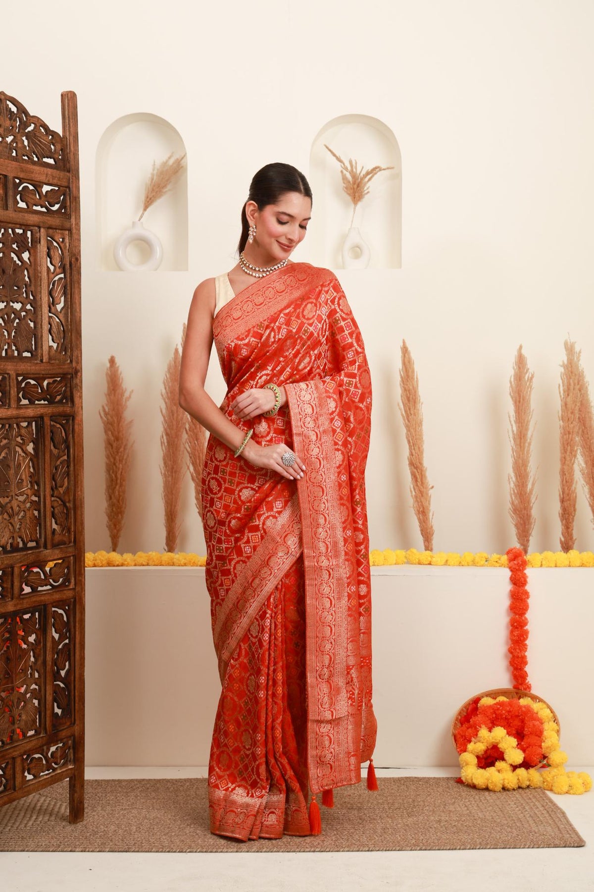 Coral Orange Traditional Motif Saree