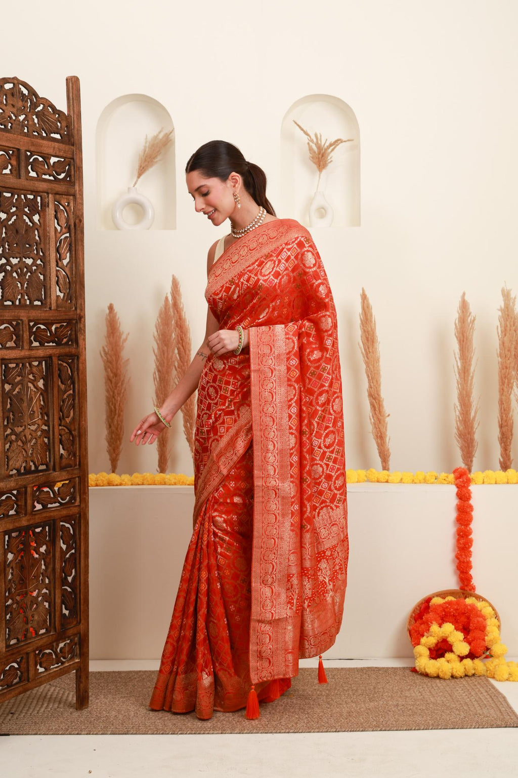 Coral Orange Traditional Motif Saree