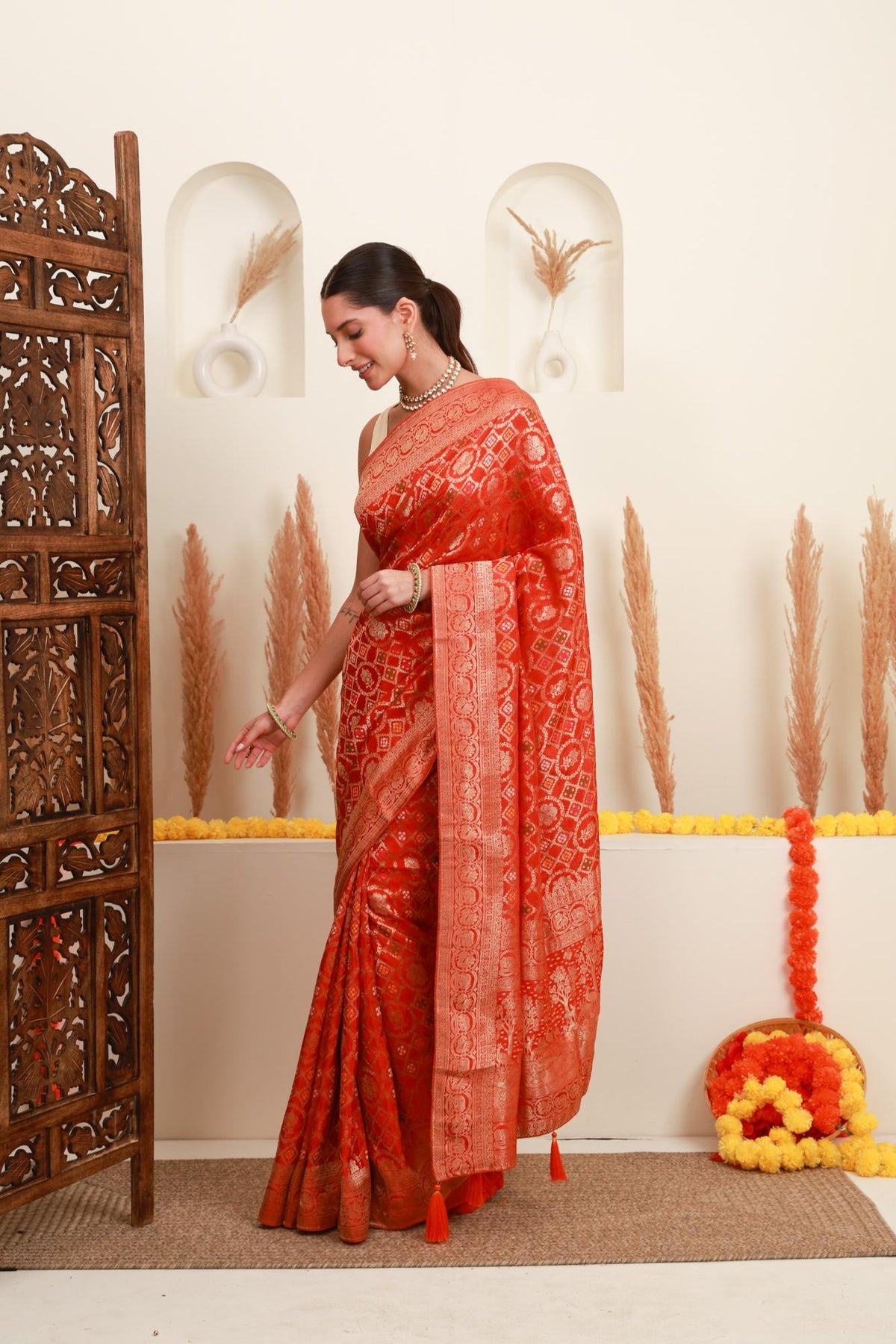 Coral Orange Traditional Motif Saree