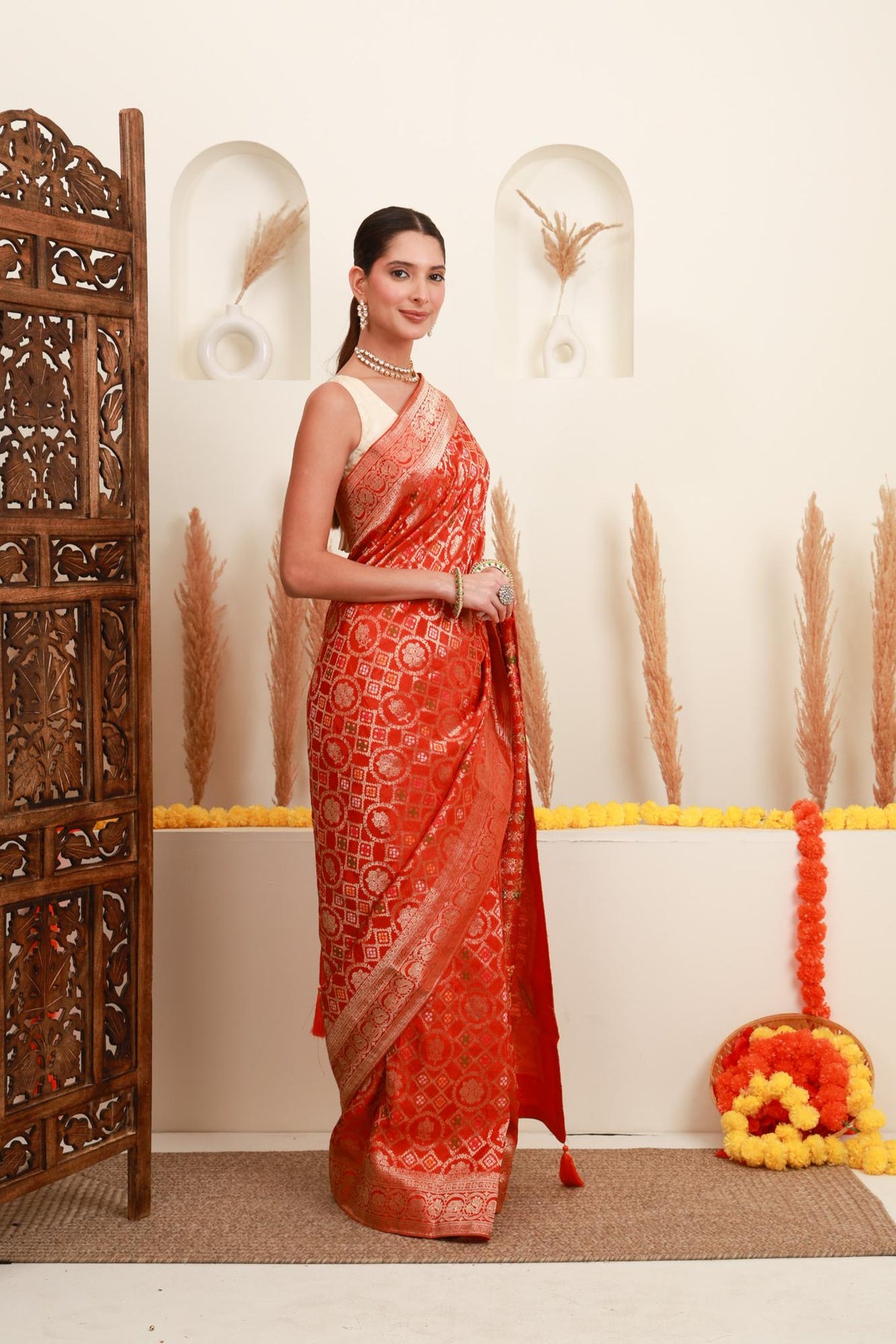 Coral Orange Traditional Motif Saree