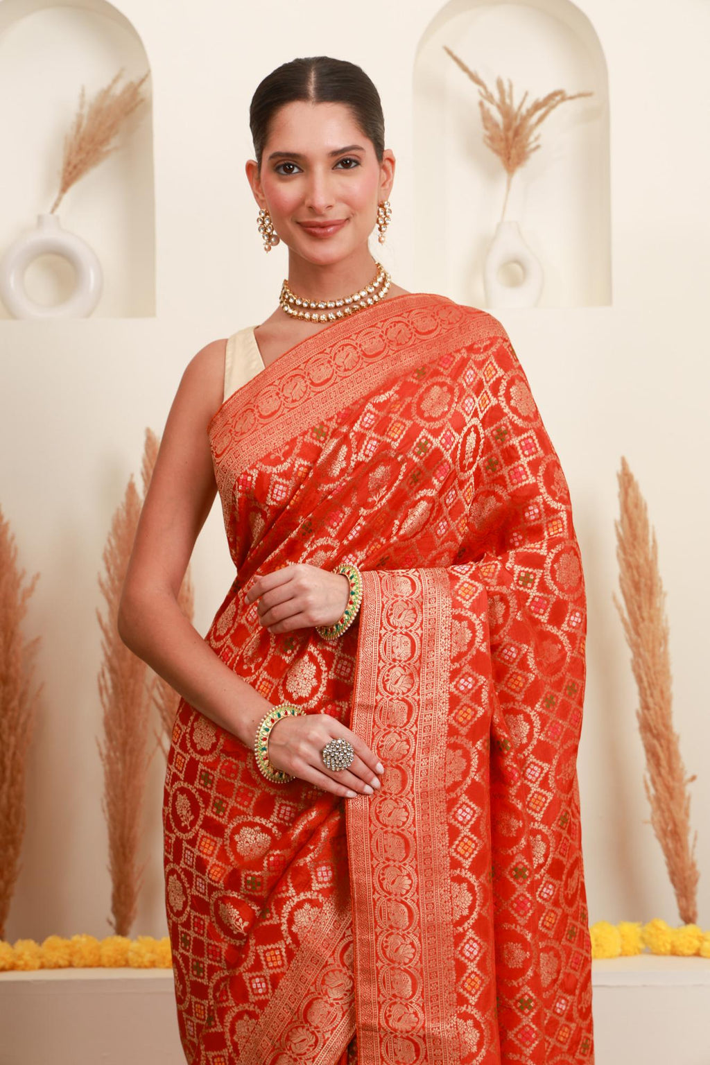 Coral Orange Traditional Motif Saree