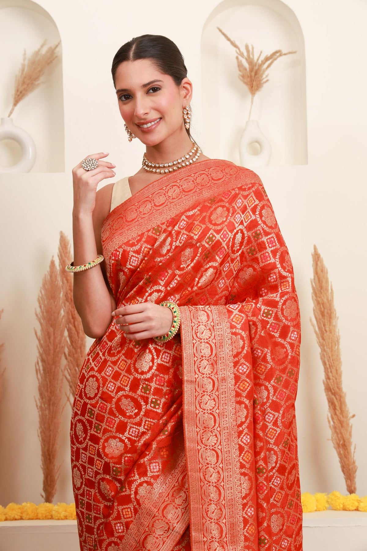 Coral Orange Traditional Motif Saree