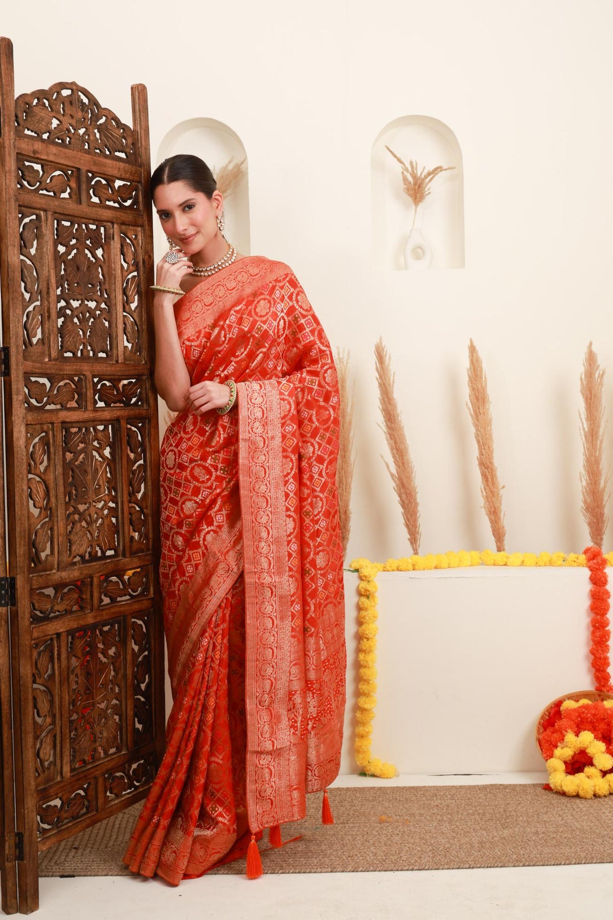 Coral Orange Traditional Motif Saree