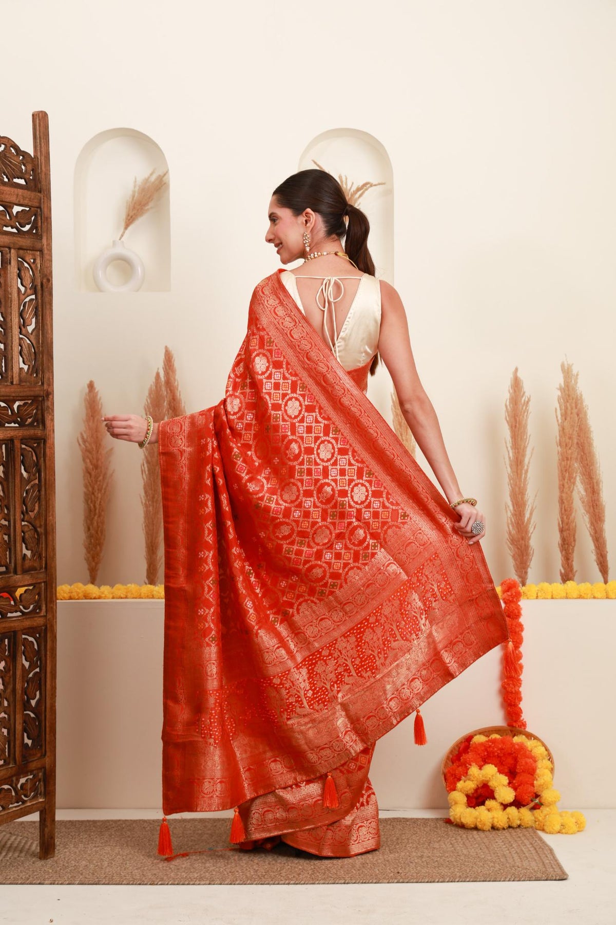 Coral Orange Traditional Motif Saree