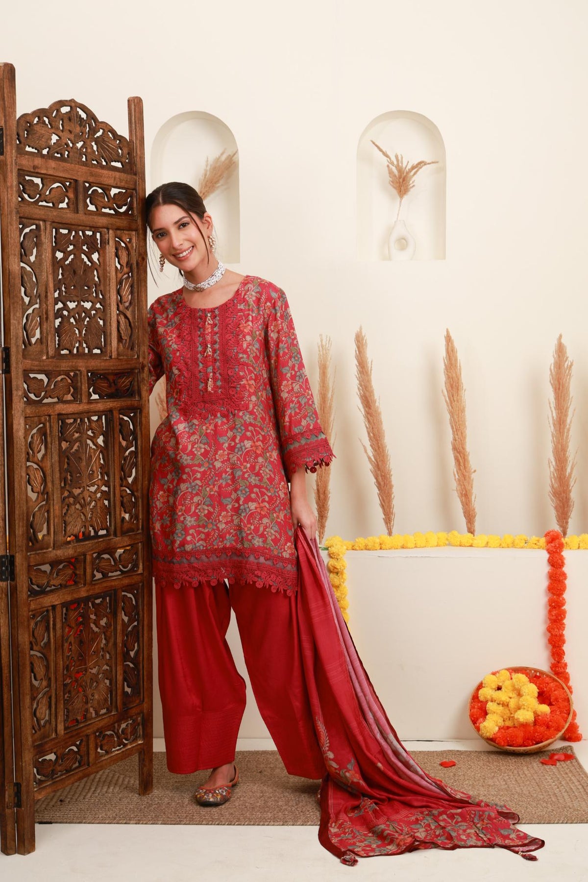 Coral pink floral printed kurta with Farshi Salwar and dupatta