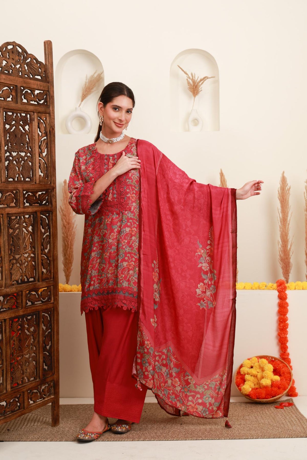 Coral Pink Floral Printed Kurta & Farshi Salwar Set with Dupatta