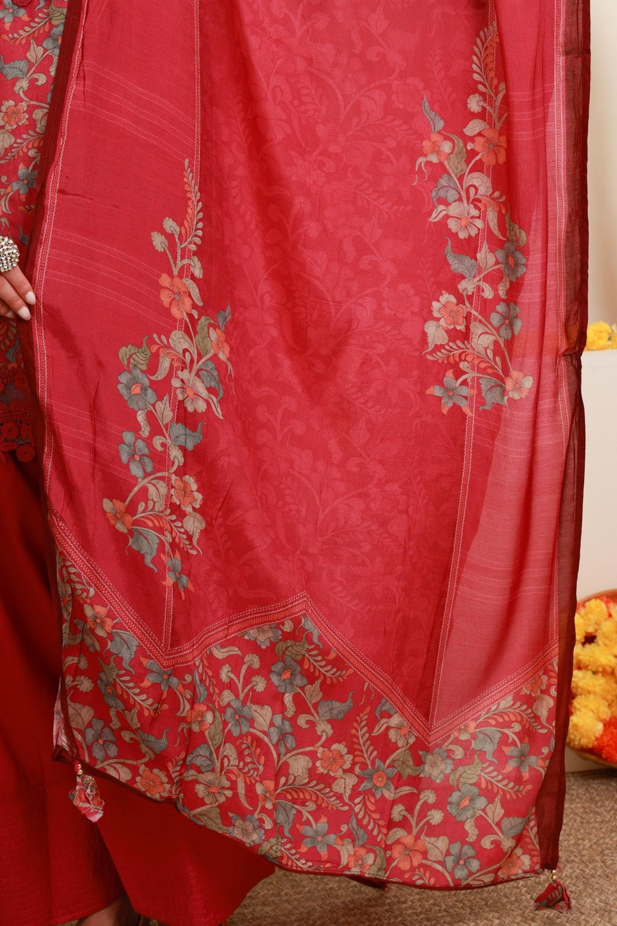 Coral Pink Floral Printed Kurta & Farshi Salwar Set with Dupatta