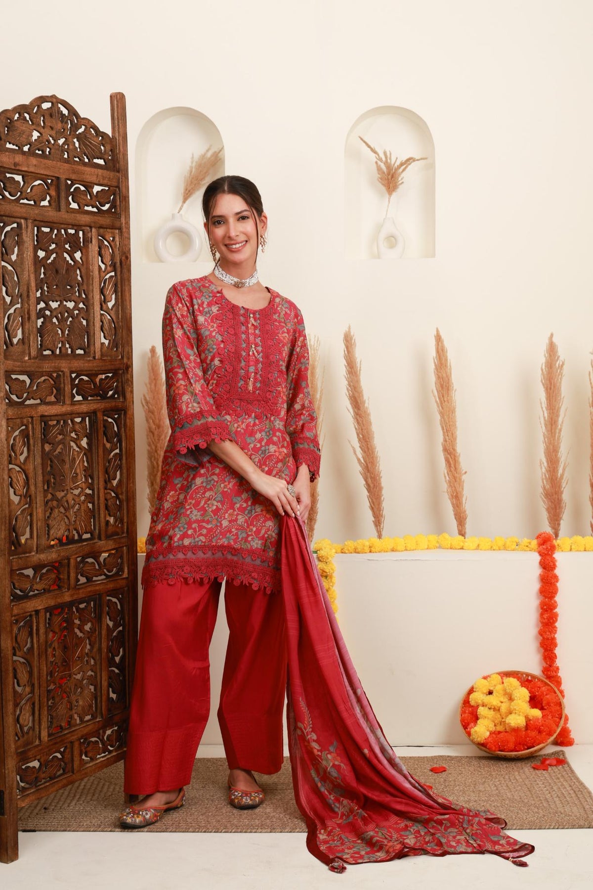 Coral Pink Floral Printed Kurta & Farshi Salwar Set with Dupatta