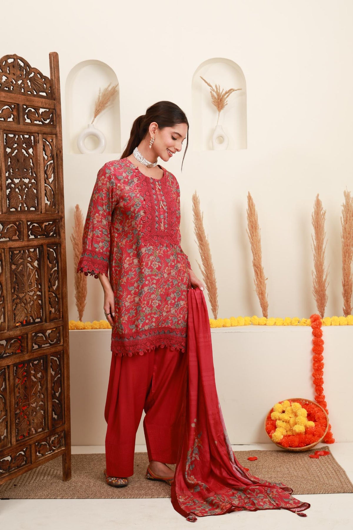 Coral Pink Floral Printed Kurta & Farshi Salwar Set with Dupatta