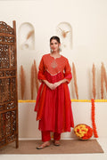 Coral red embroidered kurta skirt set for women with dupatta