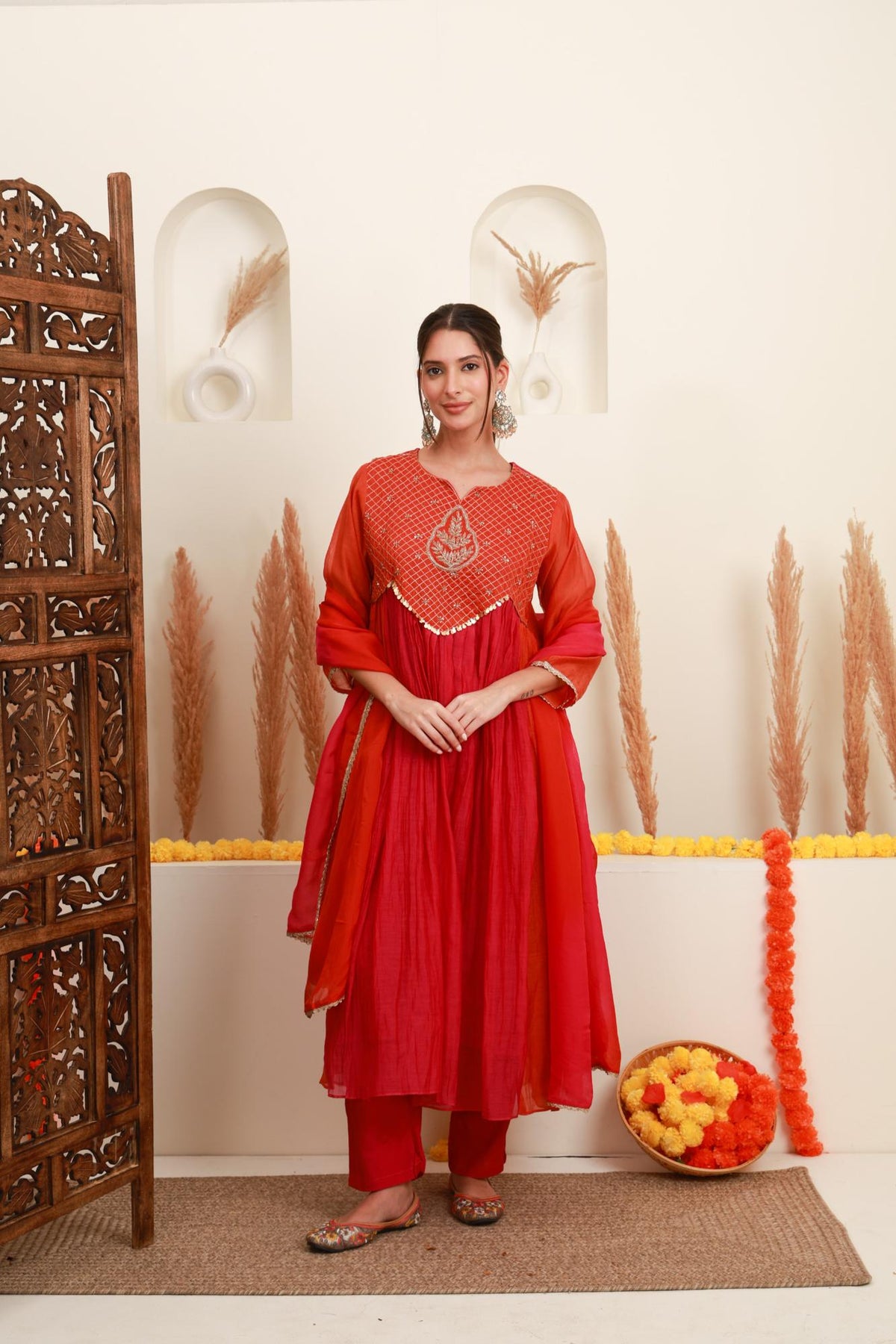 Coral red embroidered kurta skirt set for women with dupatta