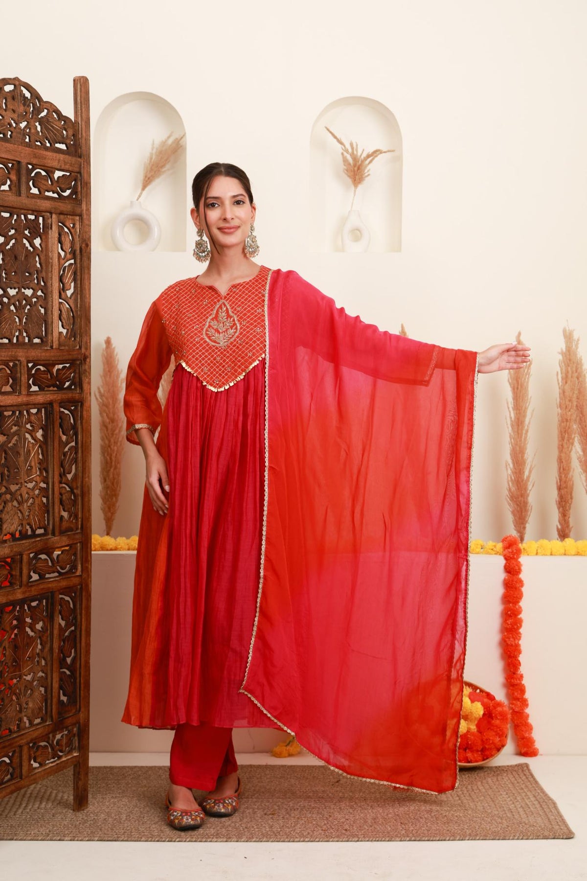 Coral Red Embroidered Kurta Skirt Set with Dupatta