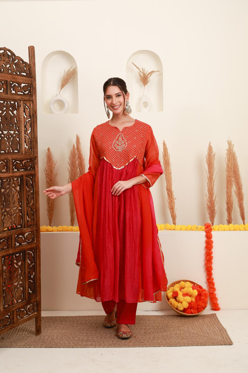 Coral Red Embroidered Kurta Skirt Set with Dupatta