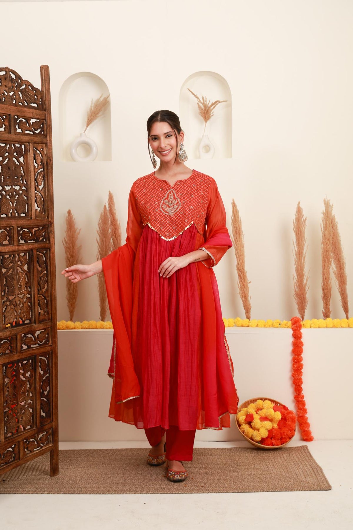 Coral Red Embroidered Kurta Skirt Set with Dupatta