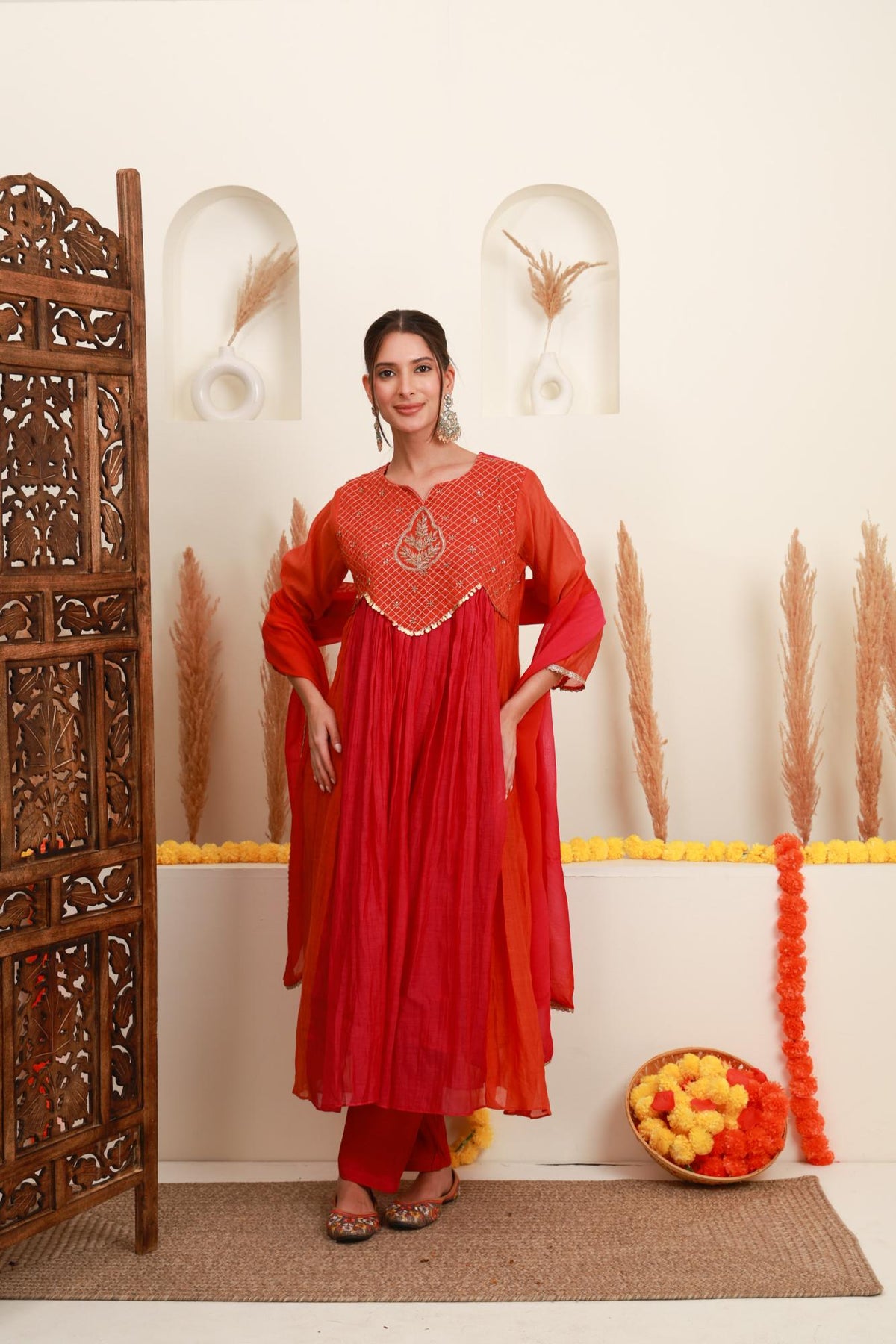 Coral Red Embroidered Kurta Skirt Set with Dupatta