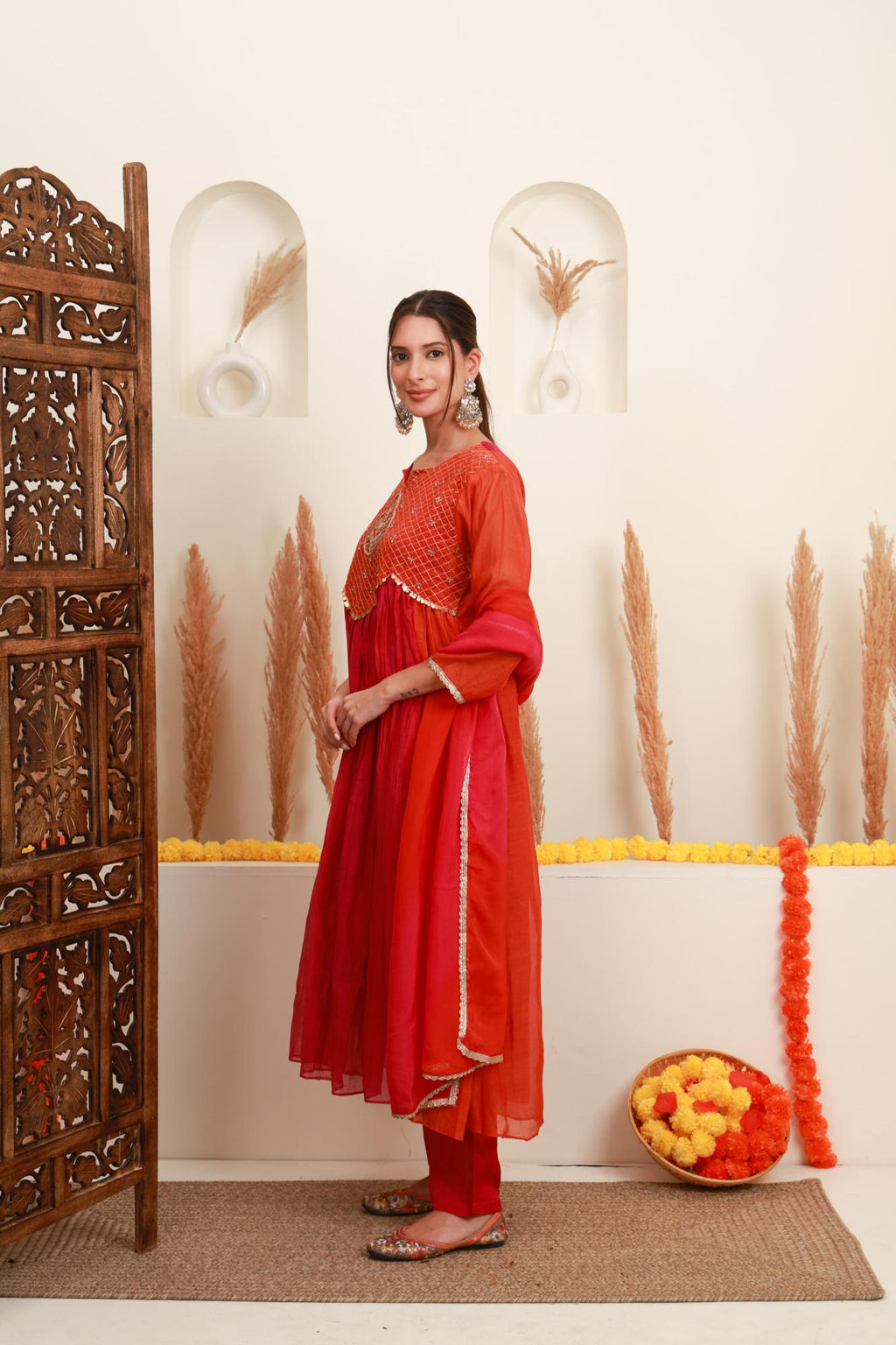 Coral Red Embroidered Kurta Skirt Set with Dupatta