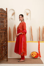Coral Red Embroidered Kurta Skirt Set with Dupatta