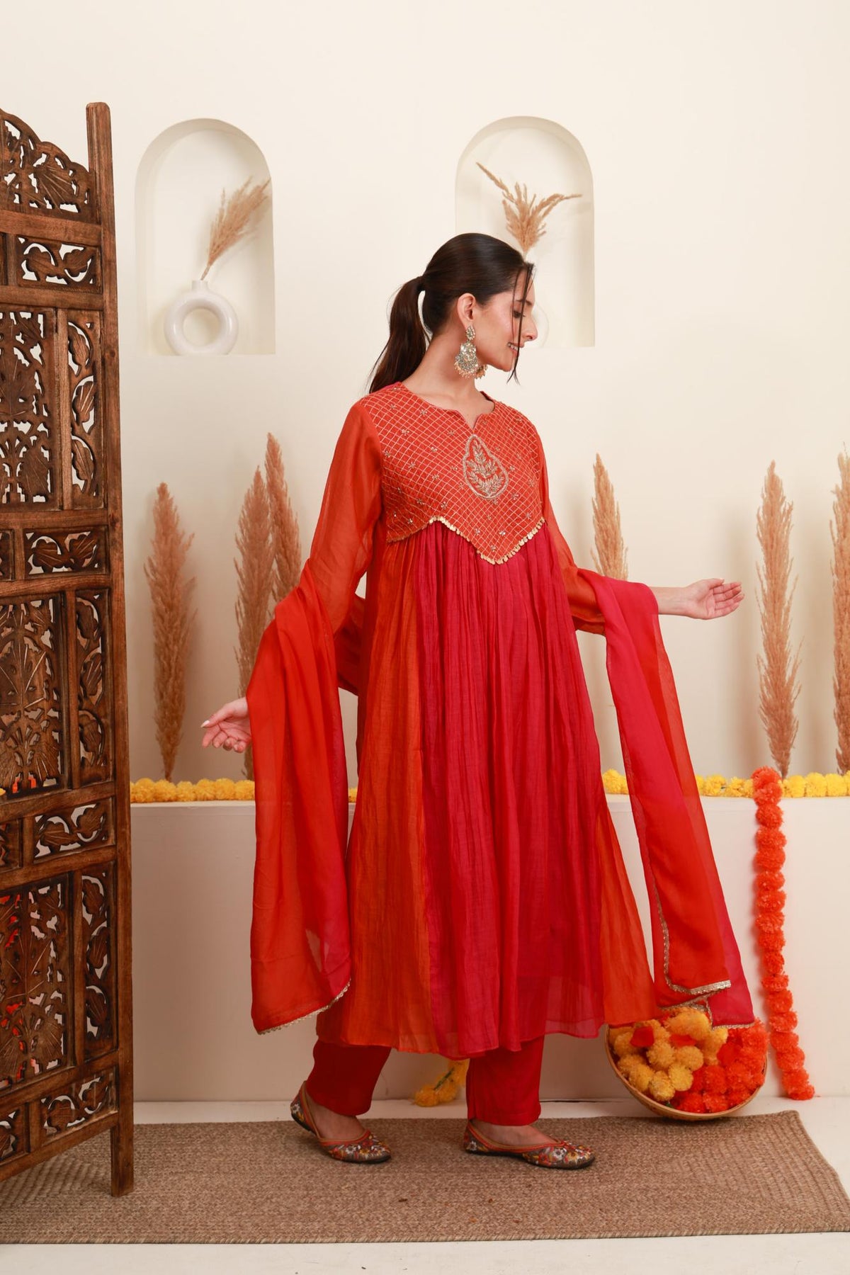 Coral Red Embroidered Kurta Skirt Set with Dupatta