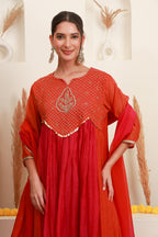 Coral Red Embroidered Kurta Skirt Set with Dupatta