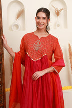 Coral Red Embroidered Kurta Skirt Set with Dupatta