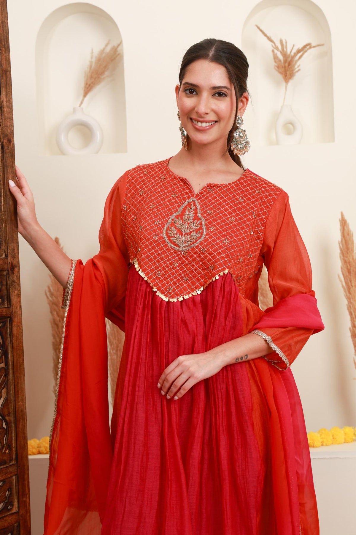 Coral Red Embroidered Kurta Skirt Set with Dupatta