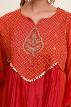 Coral Red Embroidered Kurta Skirt Set with Dupatta
