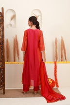 Coral Red Embroidered Kurta Skirt Set with Dupatta