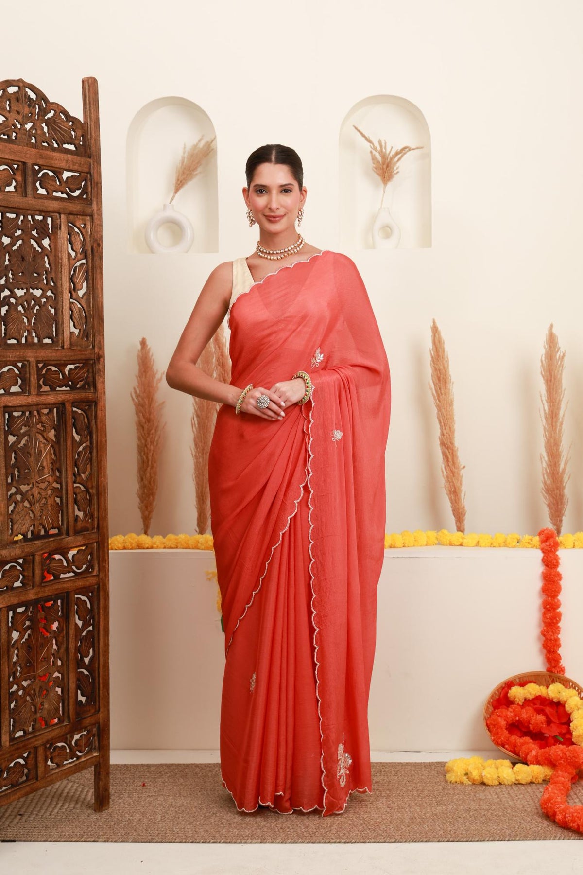 Coral scalloped saree for women with floral embellishments
