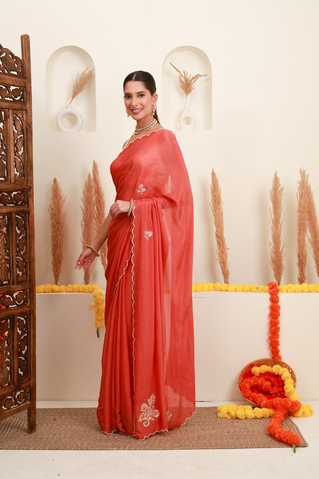 Coral Scalloped Saree