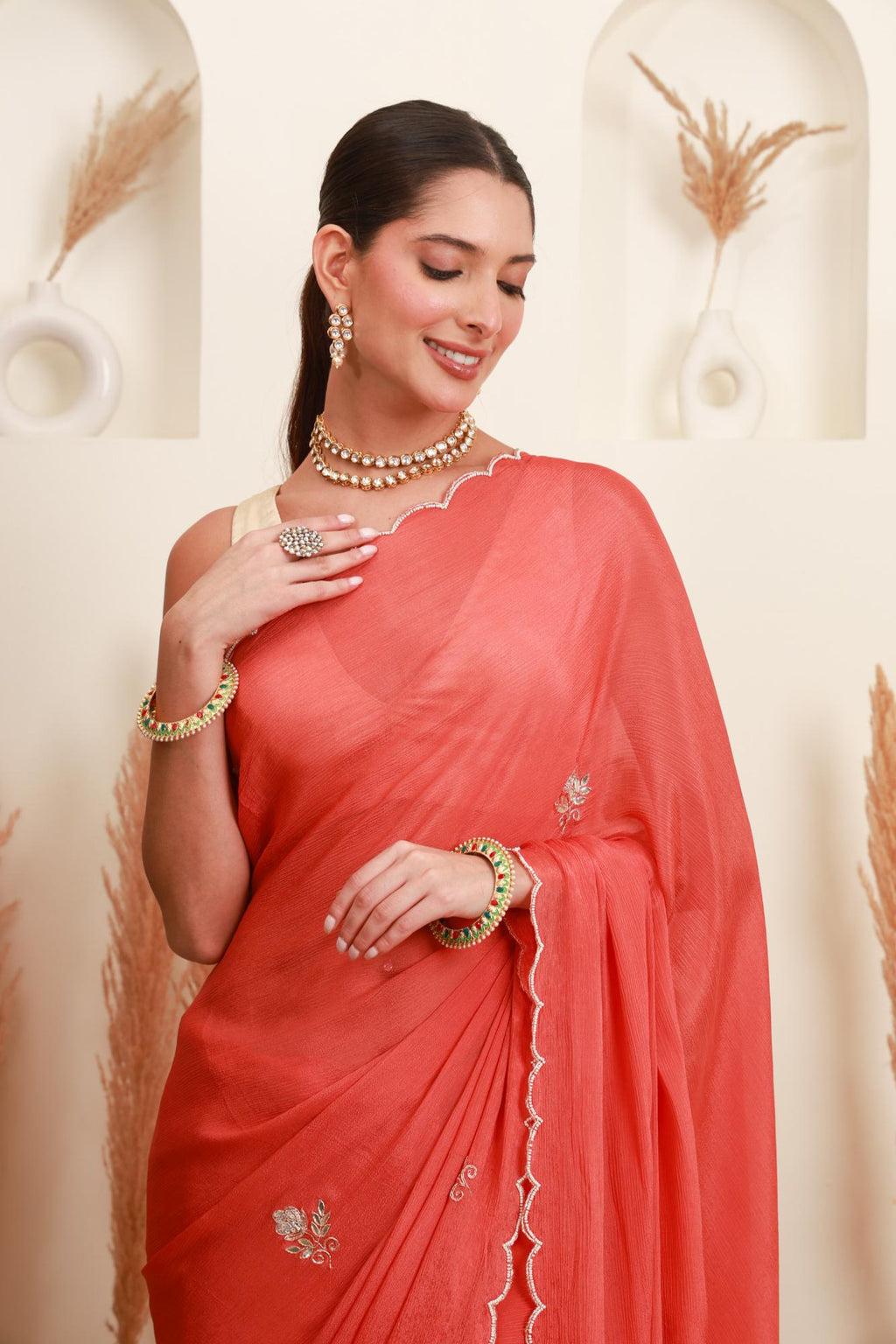 Coral Scalloped Saree